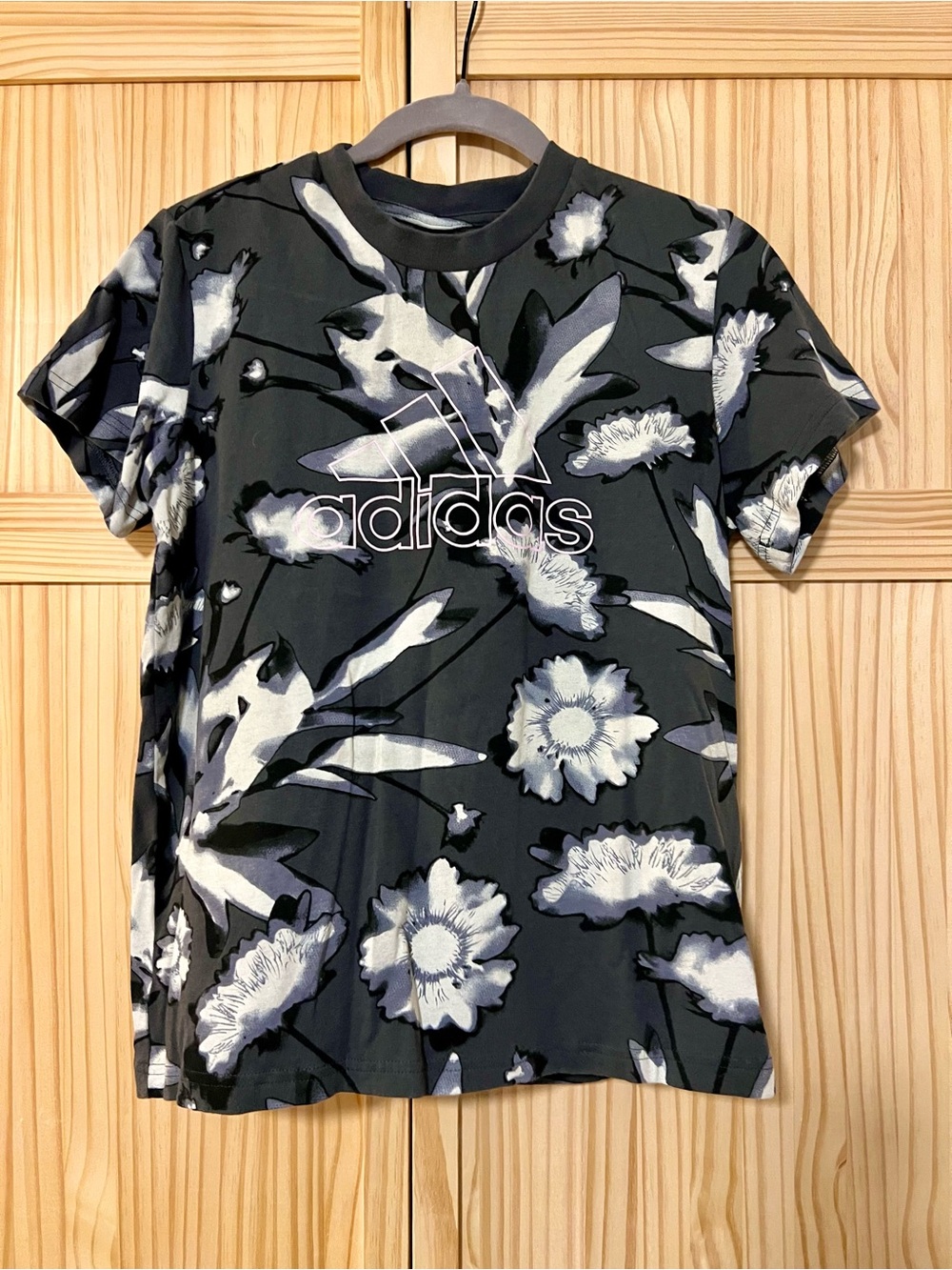 adidas Black & White Floral Logo Short Sleeve Tee